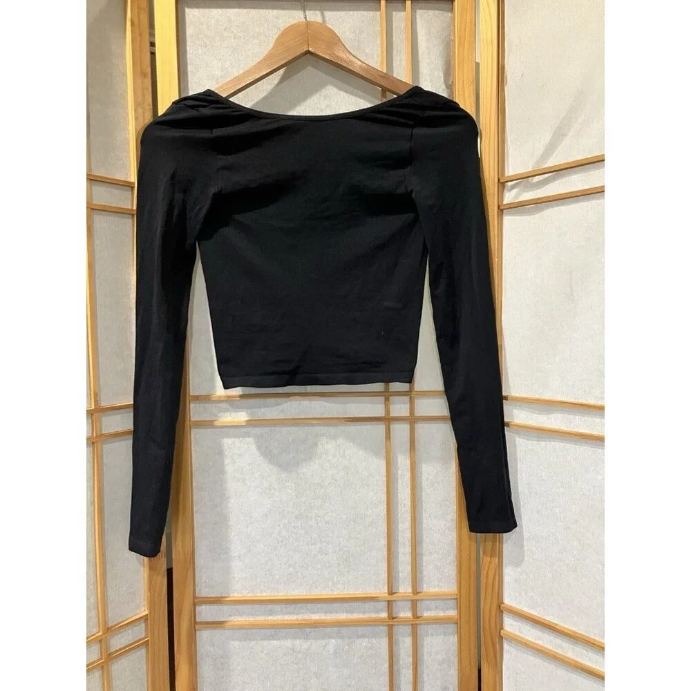 Anthropologie Black Scoop Back Crop Top Stretch Moto, Citi Small/Medium - Picture 2 of 8